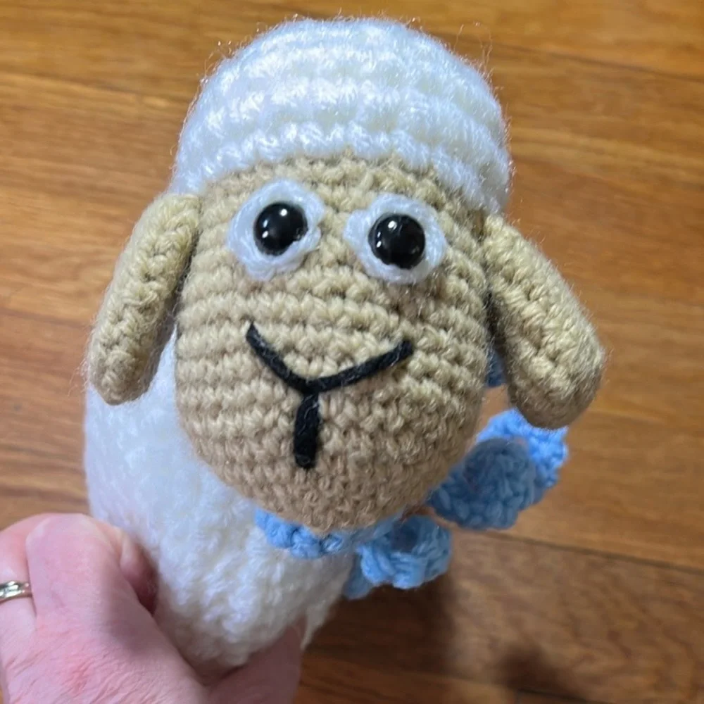 New Hand Crochet White and Tan Fluffy Sheep Pillow